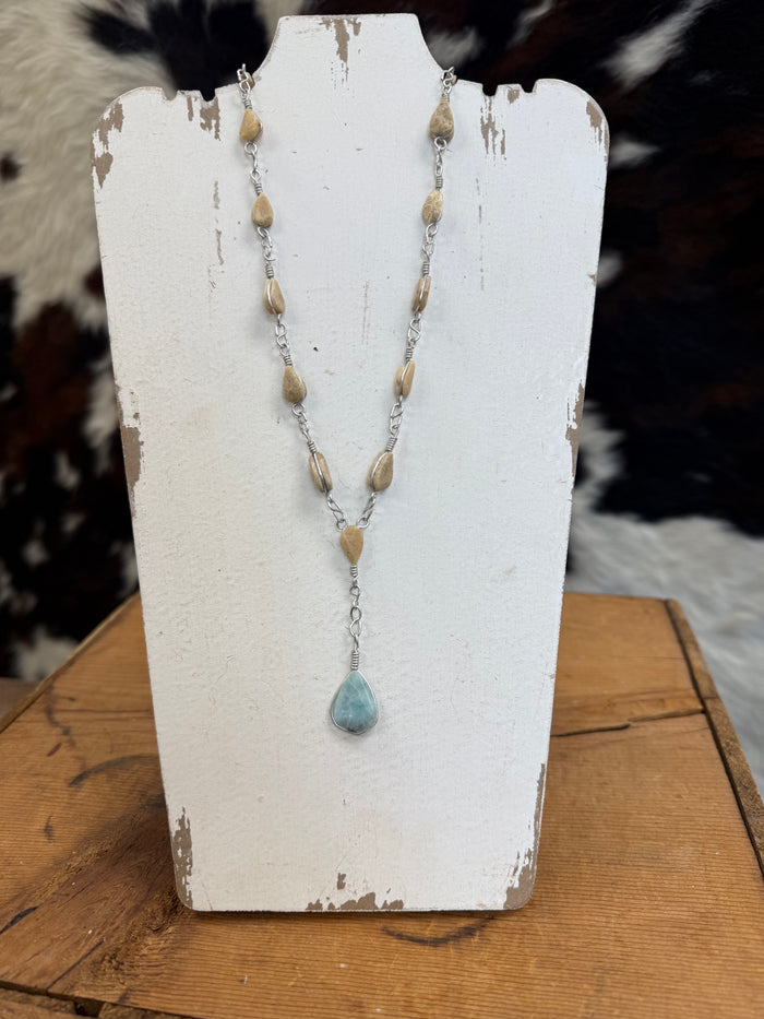 Handmade Larimar & Petrified Wood Pendant Silver Chain Necklace