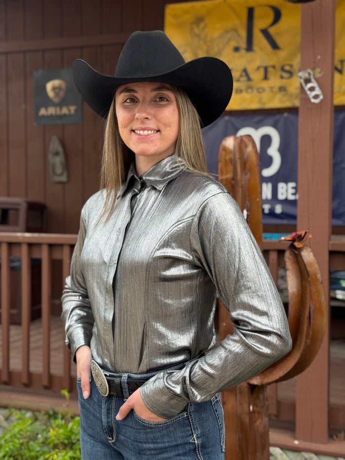 RHC Equestrian Women's Black/Silver Long Sleeve Hidden Zipper Western Show Shirt 70357-BK