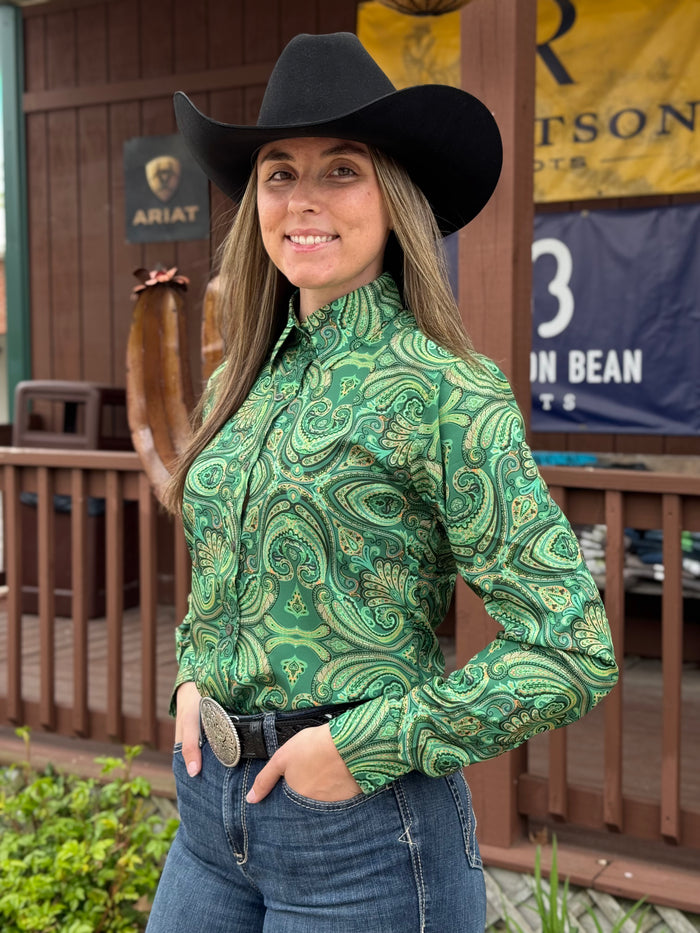 RHC Equestrian Women's Paisley Kelly Green Long Sleeve Western Show Shirt 70288