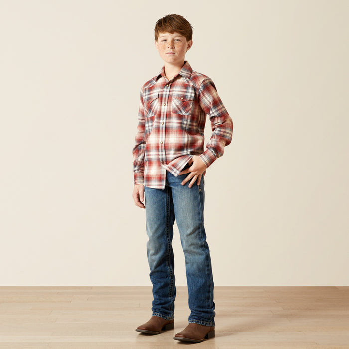 Ariat Boy's Harper Rust Plaid Retro Long Sleeve Pearl Snap Western Shirt 10065874