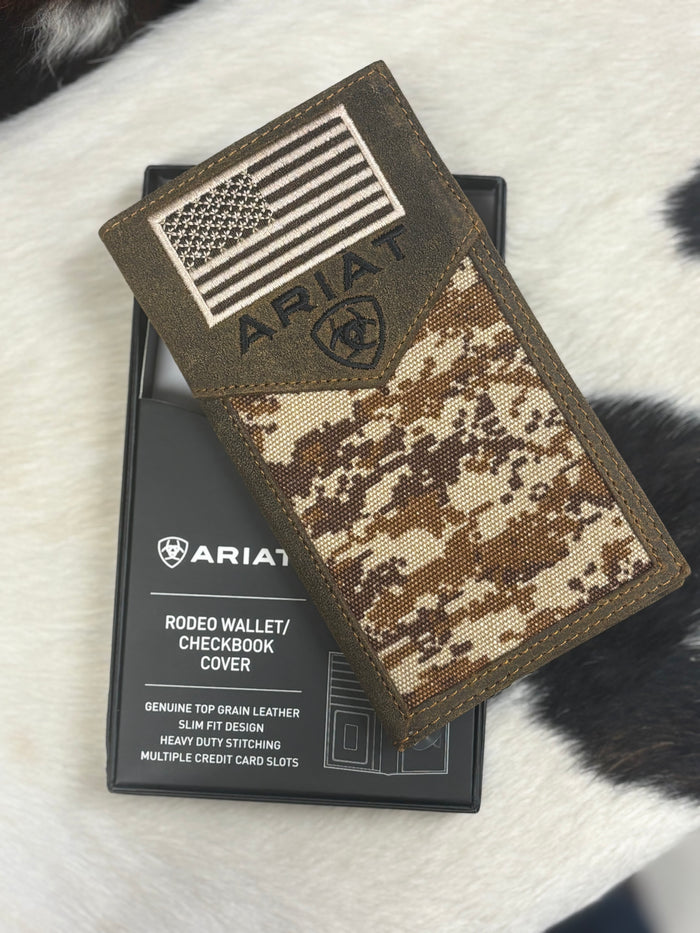 Ariat Brown Digital Camo & Flag Patch Logo Rodeo Wallet Checkbook Cover A3536444