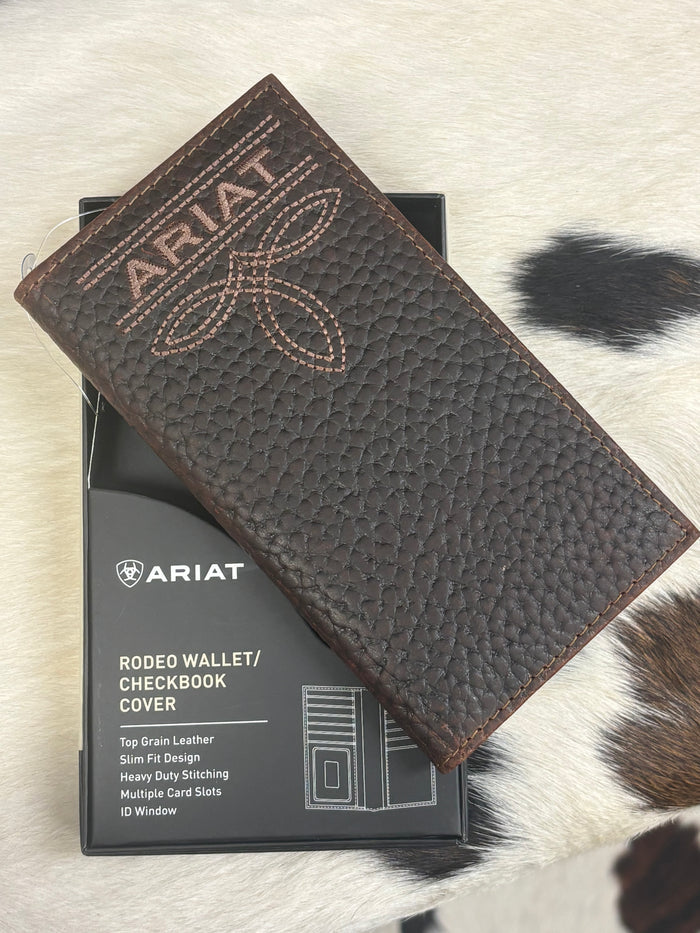 Ariat Brown Pebbled Bull Hide Leather Bug Stitch Rodeo Wallet Checkbook Cover A3563302