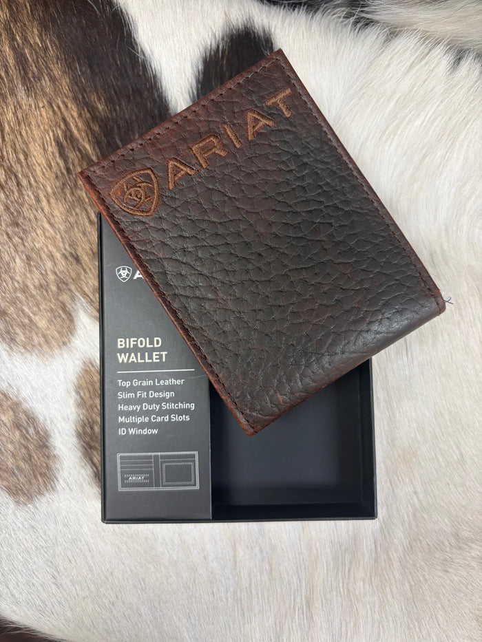 Ariat Brown Pebbled Bull Hide Leather Logo Bi-Fold Wallet A3554502