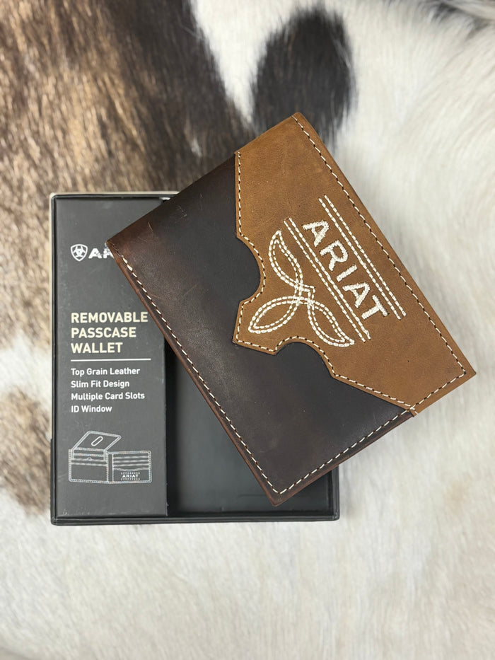 Ariat Brown & Tan Boot Stitched Logo Leather Removable Passcase Bi-Fold Wallet A3567102