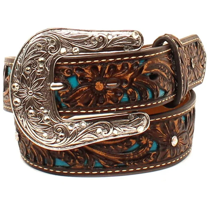 Ariat Girl's Brown & Turquoise Leather Belt with Bling Western Belt A1304027