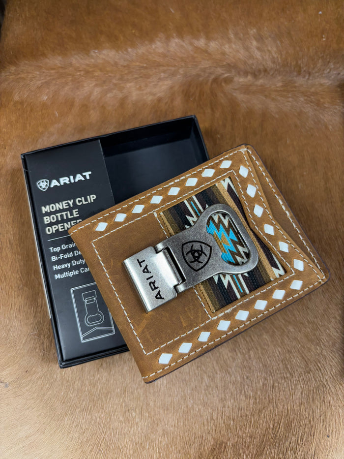 Ariat Men’s Brown Aztec Accent Leather Bifold Money Clip Bottle Opener Wallet A3559302