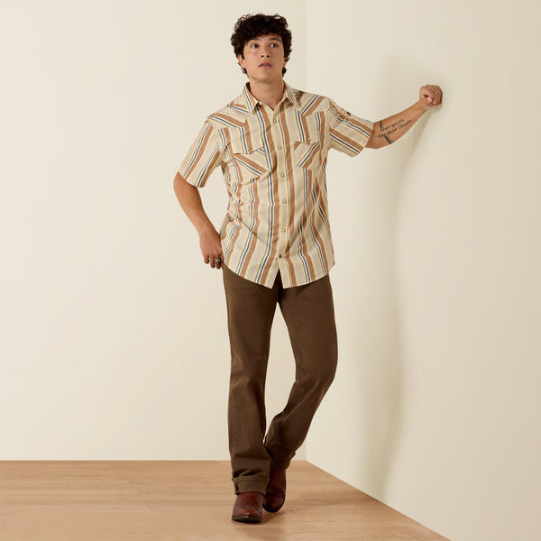 Ariat Men's Retro Hawthorne Sandshell Tan Stripe Slim Fit Pearl Snap Short Sleeve Shirt 10073572