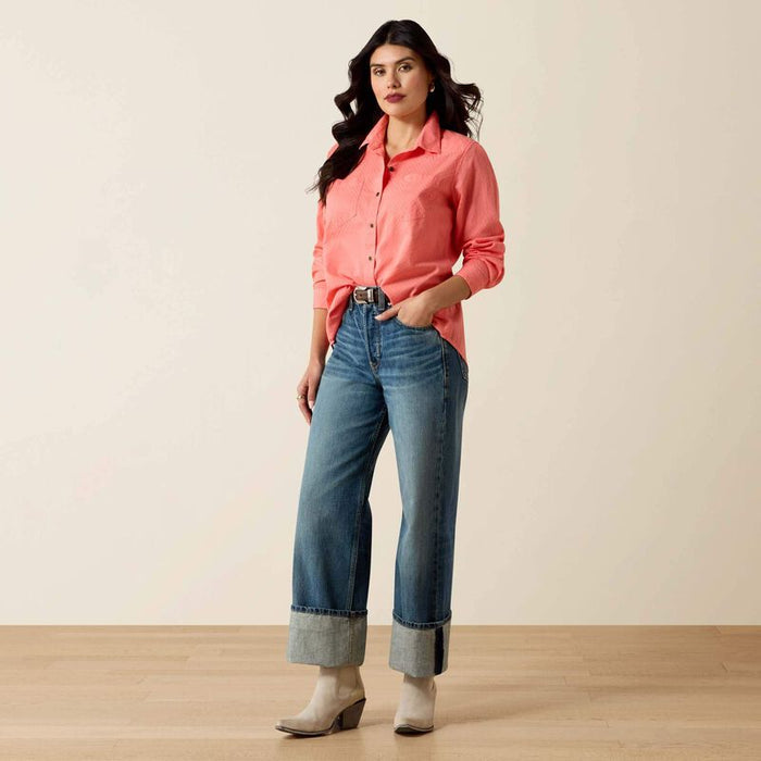 Ariat Women's Billie Jean Shell Pink/Coral Dobby Button Long Sleeve Western Shirt 10071521