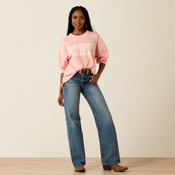 Ariat Women's Peach Amber 'Howdy' Graphic Print Long Sleeve Oversized Tee Shirt 10071127