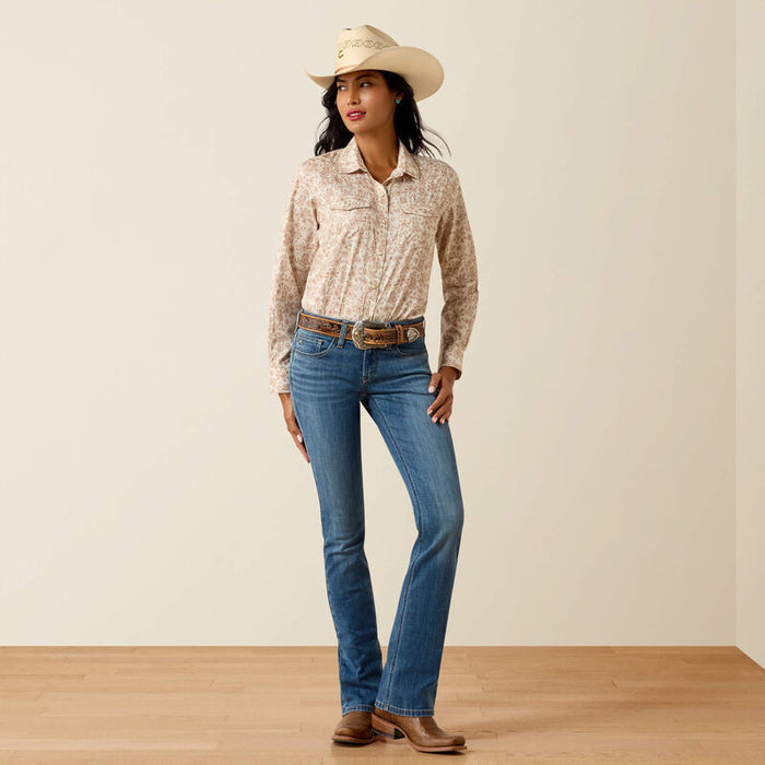 Ariat Women's VentTEK Tan Boots & Roses Print Pearl Snap Long Sleeve Western Shirt 10075360