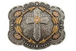 Blazin' Roxx Cross & Feather Gold/Silver/Rose Gold Rectangle Belt Buckle 37947