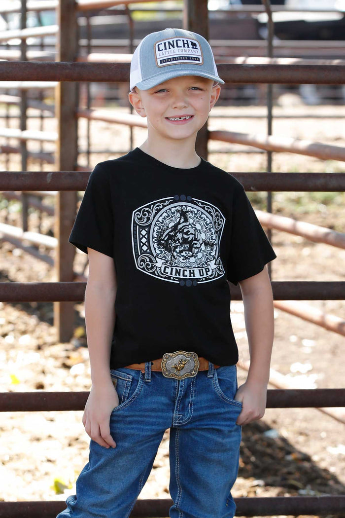 Cinch Boy's Black 'Cinch Up' Belt Buckle Graphic Short Sleeve Tee Shirt MTT7670170