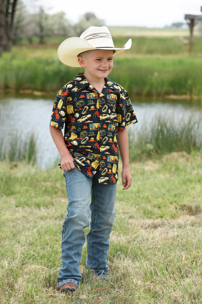Cinch Boy's Black Western Rodeo Travel Print Button Short Sleeve Western Camp Shirt MTW7170005