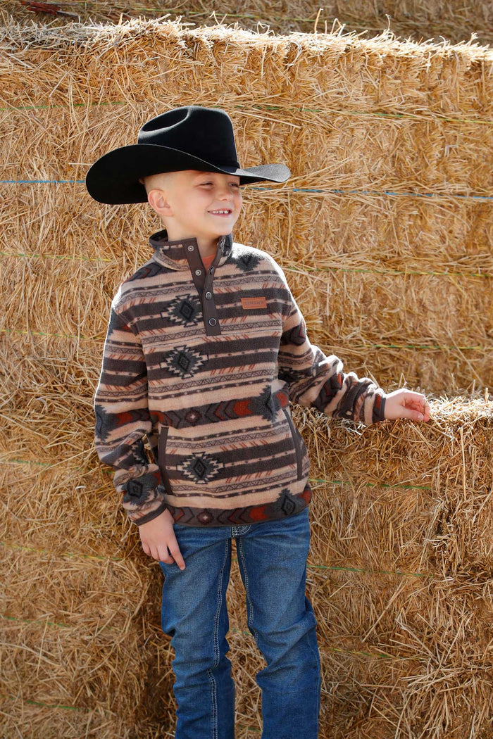 Cinch Boy's Brown Southwestern Print Polar Fleece 1/4 Snap Pullover MWK7590020