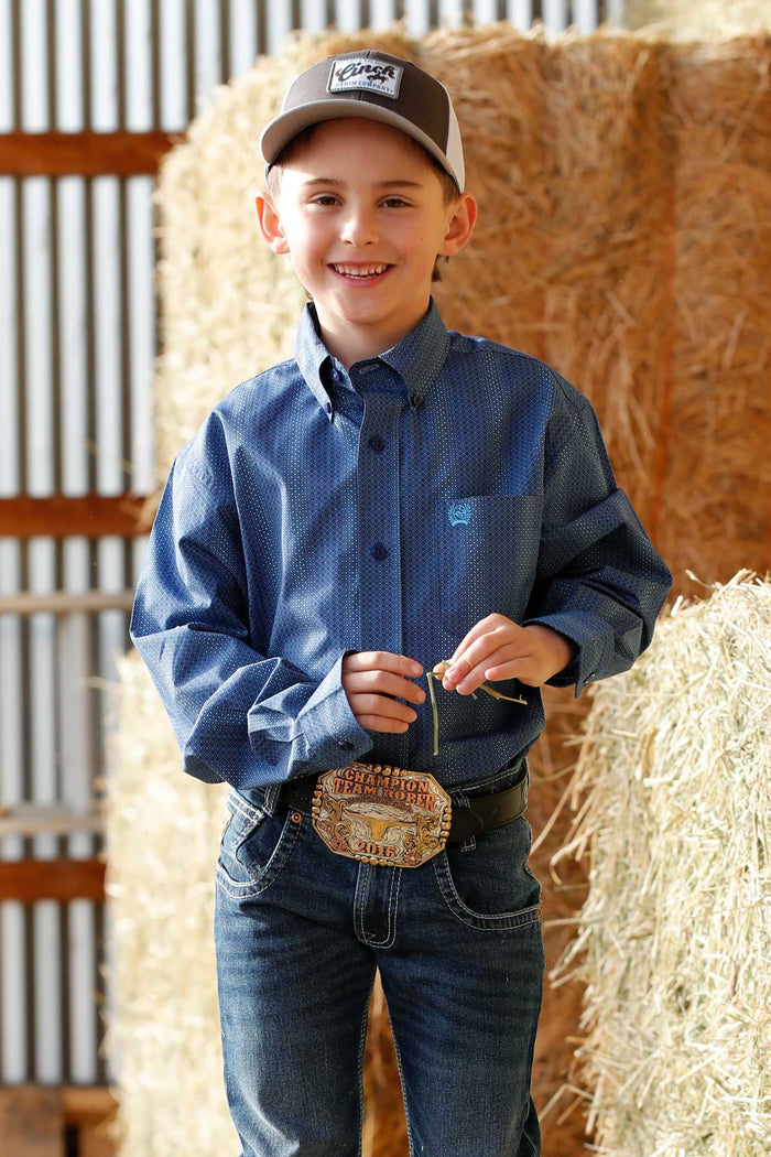 Cinch Boy's Royal Blue Geo Stripe Print Button Long Sleeve Western Shirt MTW7060398