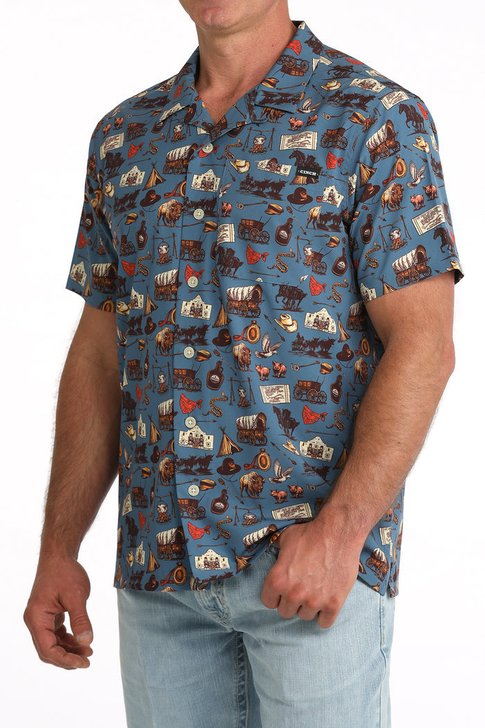 Cinch Men's Blue Old West Scene Print Short Sleeve Camp Shirt MTW1401056