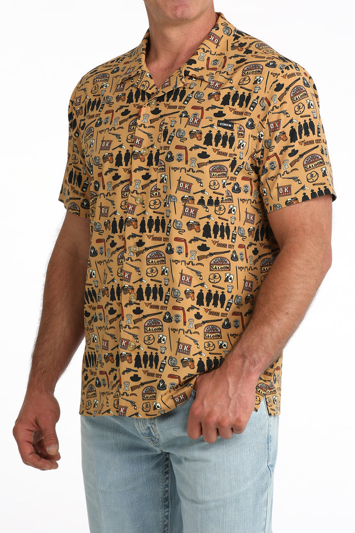 Cinch Men's Brown Western Outlaw Print Short Sleeve Camp Shirt MTW1401058 MTW140158X