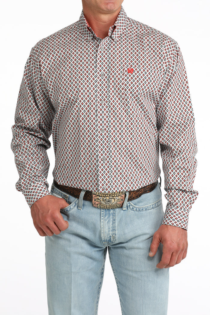 Cinch Men's Grey & Red Geo Print Classic Fit Button Long Sleeve Western Shirt MTW1106093