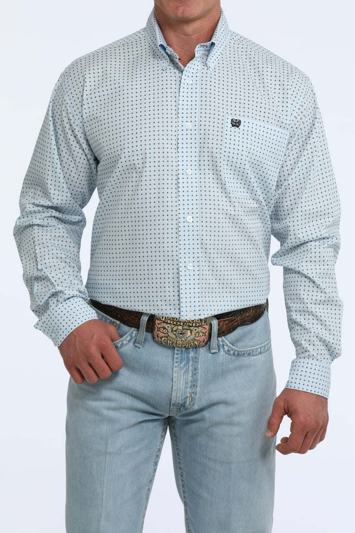 Cinch Men's Light Blue Geo Print Classic Fit Button Long Sleeve Western Shirt MTW1106124