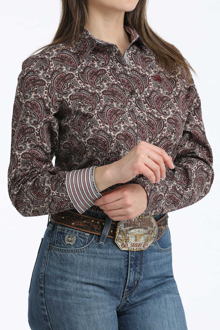 Cinch Women's Burgundy Paisley Print Button Long Sleeve Western Shirt MSW9165083