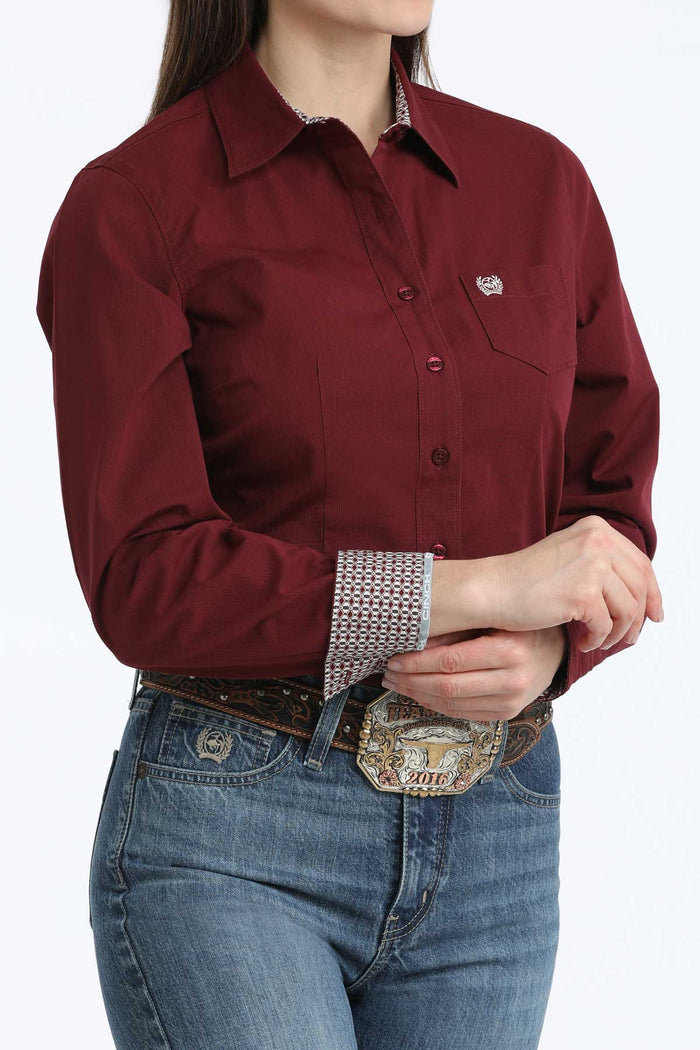 Cinch Women's Solid Burgundy Mini Stripe Button Long Sleeve Western Shirt MSW9164262