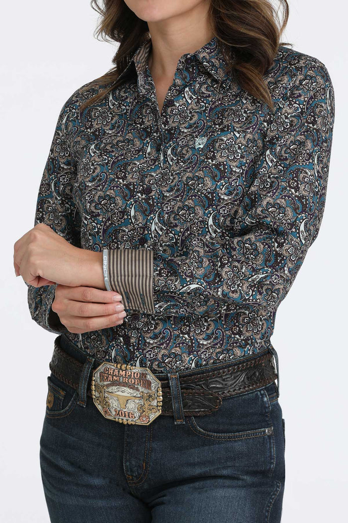 Cinch Women's Teal & Purple Paisley Print Button Long Sleeve Western Shirt MSW9164257