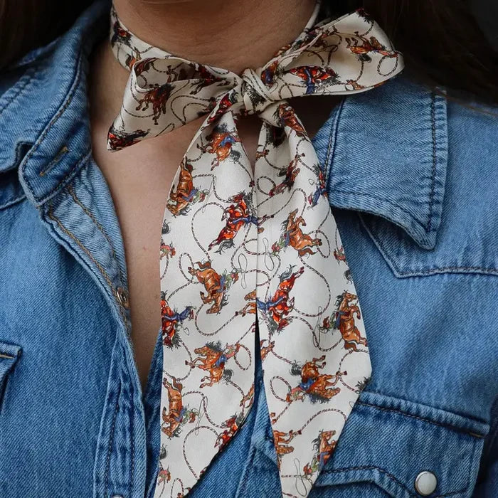Cream with Cowgirls Roping & Horses Print Silk Twilly Scarf TW015