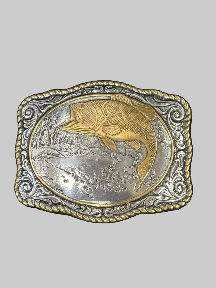 Crumrine Big Bass Bi-Color Embossed Rope Edge Rectangle Belt Buckle 38056