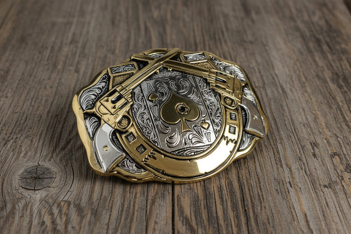 Crumrine Horseshoe Poker Revolver Embossed Bi-Finish Scallop Large Belt Buckle C11259