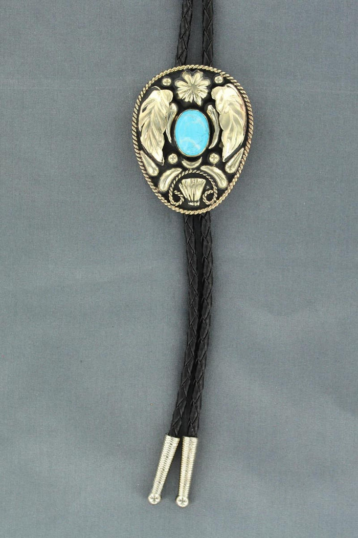 Double S Silver Tone Leaves with Turquoise Color Stone Black Leather Bolo Tie 22110