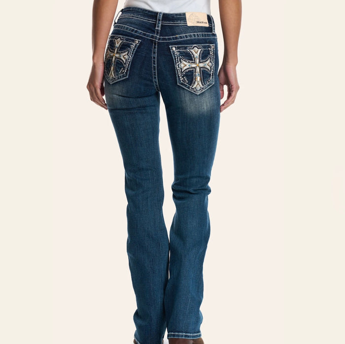 Grace in LA Easy Fit Women's Cross Embellished Pocket Curvy Bootcut Jeans PB51948