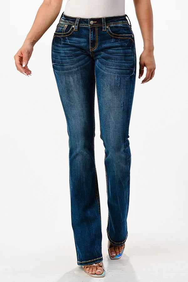 Grace in LA Easy Fit Women's Mid-Rise Heavy Stitched Distressed Bootcut Jeans EL51729-32