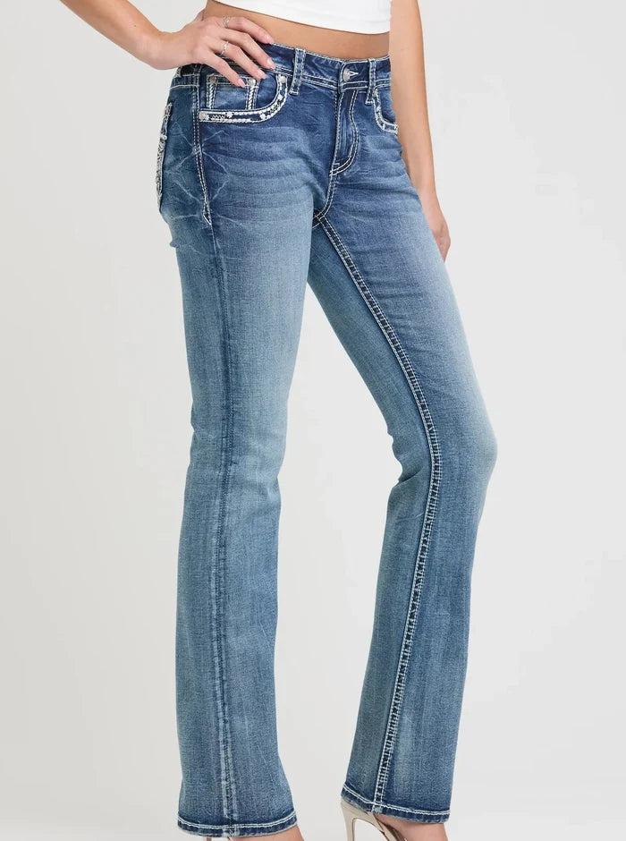 Grace in LA Easy Fit Women's Paisley Embellished Pocket Mid Rise Bootcut Jeans EBS896