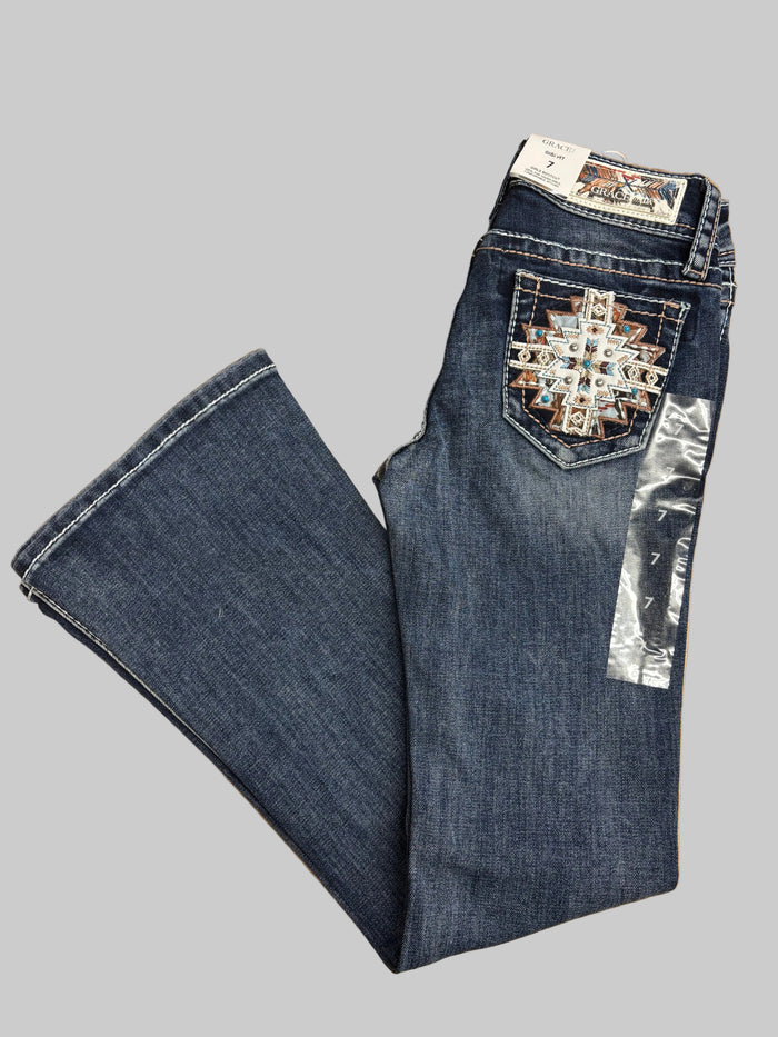 Grace In LA Girl's Aztec & Stud Embroidered Pocket Bootcut Jeans GB61956 TB61956