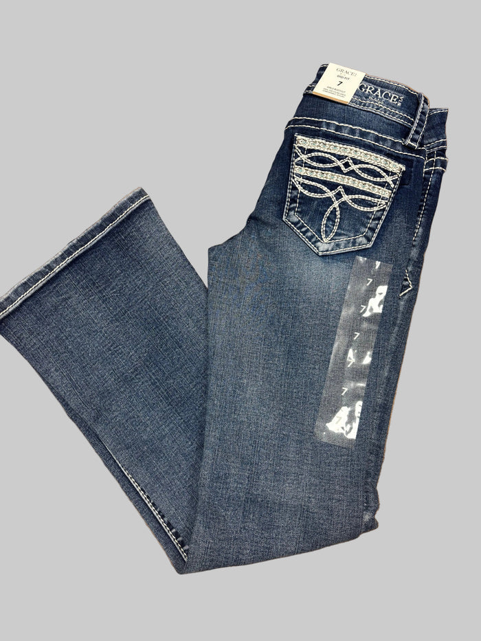 Grace In LA Girl's Bug Boot Stitch Embroidered Pocket Bootcut Jeans TB81816 GB81816