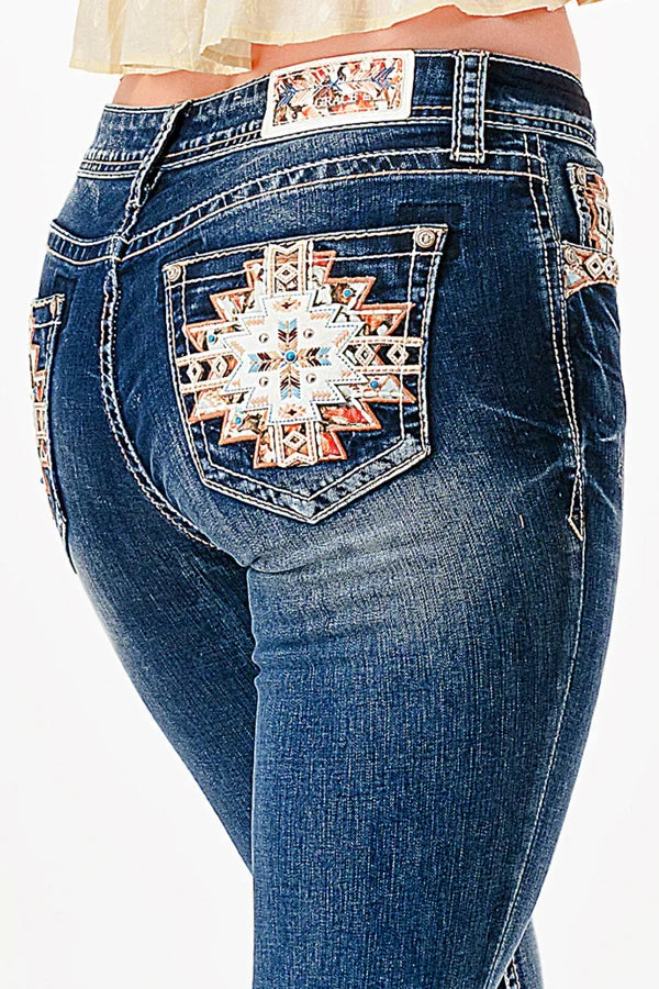 Grace in LA Perfect Fit Women's Aztec & Stud Embellished Pocket Curvy Bootcut Jeans PB61956