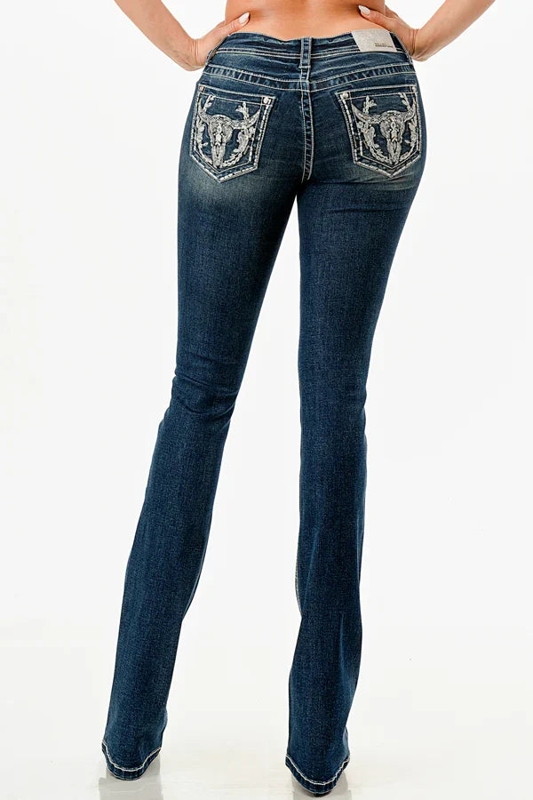 Grace in LA Perfect Fit Women's Steerhead & Flowers Embellished Pocket Curvy Bootcut Jeans PBS800