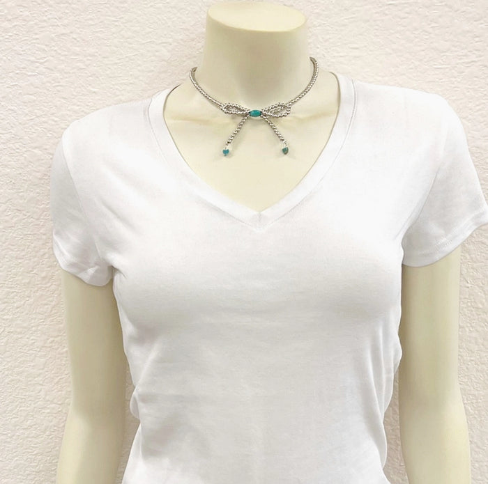 Handmade 15" 4mm Silver Navajo Inspired Bead Bow Necklace 739539