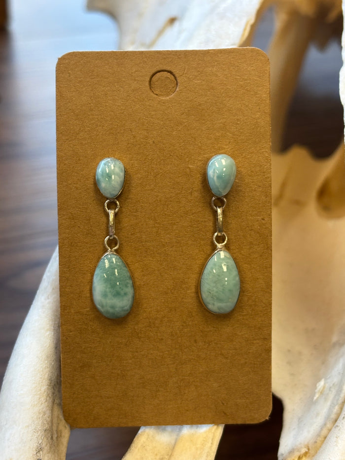 Handmade Larimar Natural 2-Stone Drop Sterling Silver Post Earrings