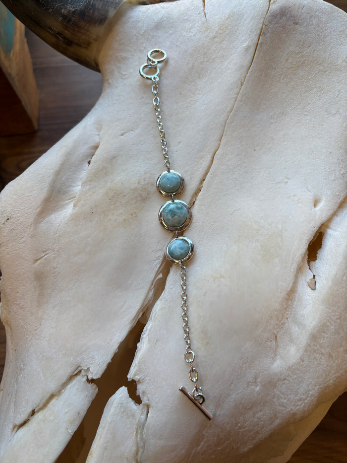 Handmade Larimar Natural Round 3-Stone Sterling Silver Chain Bracelet