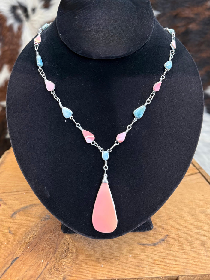Handmade Larimar Natural Stone & Conch Pendant Silver Chain Necklace