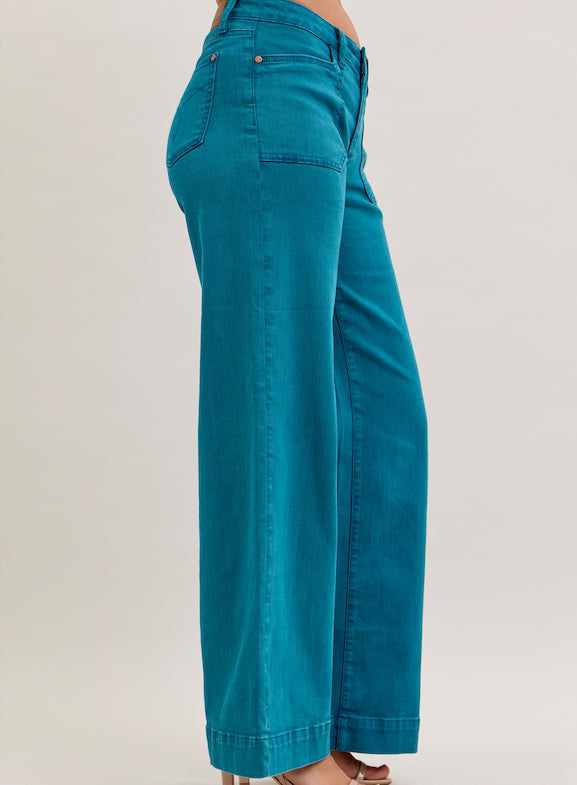 Judy Blue Women's Teal Denim Mid-Rise Utility Wide Leg Jeans 881061