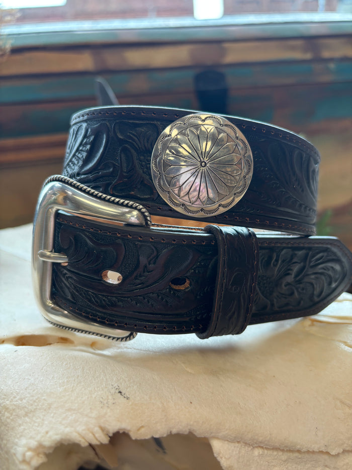 Justin Thunder Dark Brown Silver Concho Medallion Embossed Leather Belt C14258