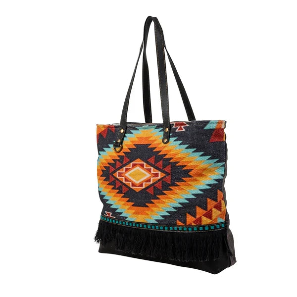 Myra Bag Aztec Sun Woven Ancestral Canvas & Leather Weekender Tote Bag S-7299