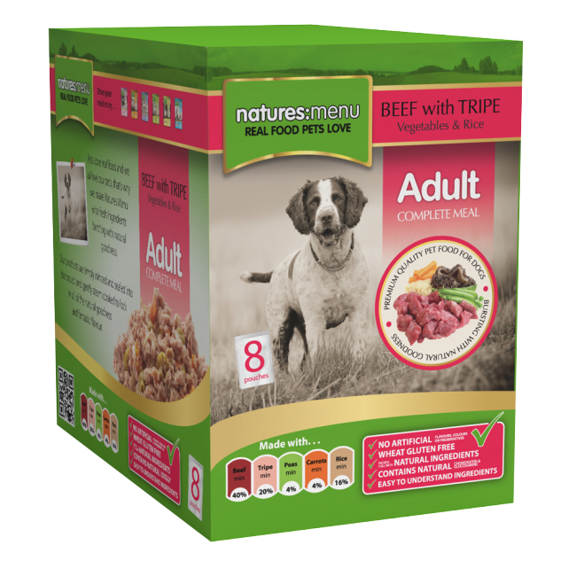 Natures Menu: Adult Pouch Beef Tripe Veg & Rice 8x300gm