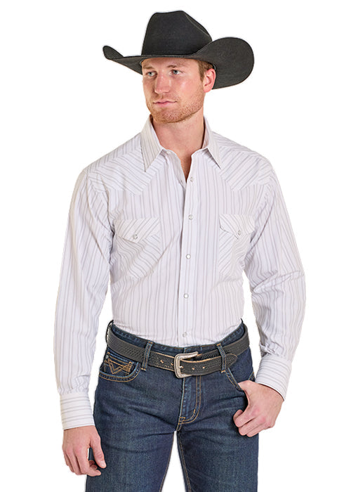 Panhandle Slim Men's White Stripe Long Sleeve Pearl Snap Western Shirt SMN2S07619 SXN2S07619
