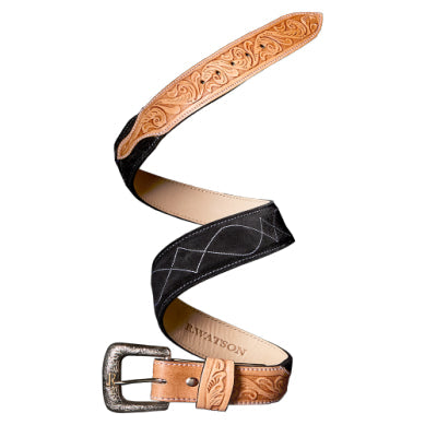 R. Watson Men's Black Roughout Single Embroidery with Natural Tanned Billets Western Belt RWB2503