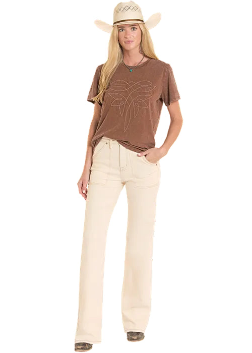 Rock and Roll Cowgirl Women's Mahogany Brown Mineral Wash Boot Stitch Tee Shirt BW21T08797