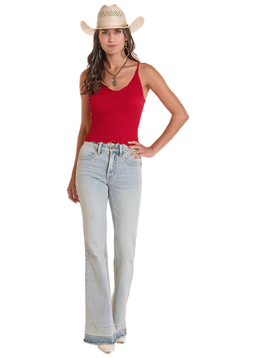 Rock and Roll Cowgirl Women's Red V-Neck Shirred Knit Strap Cropped Tank Top BW20T08783