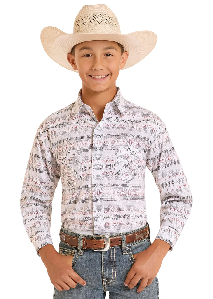 Rock & Roll Cowboy Boy's White Aztec Stripe Print Woven Snap Up Long Sleeve Western Shirt RBN2S08935